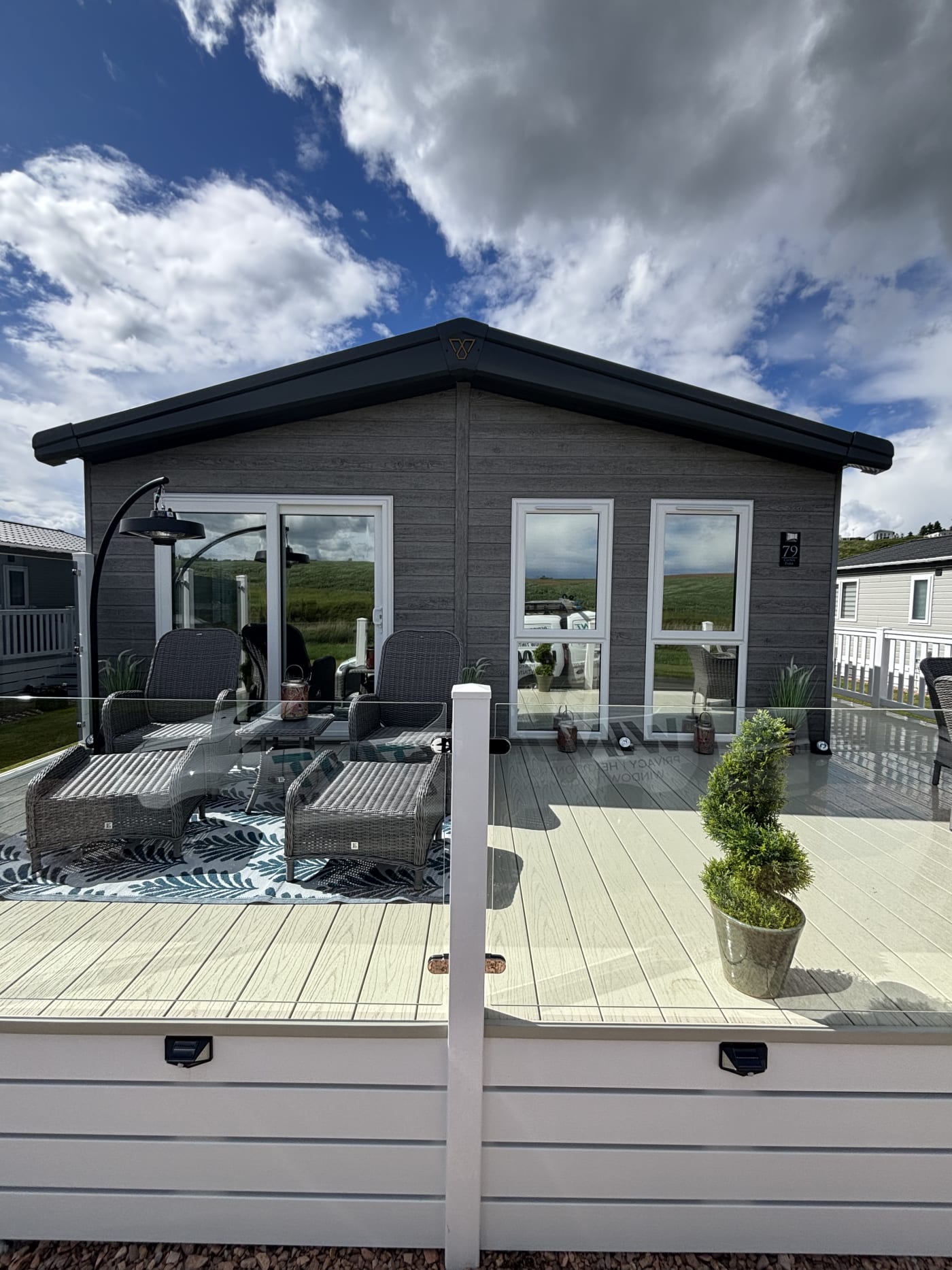 Reflective daytime-privacy window film installed on a static caravan in Scotland