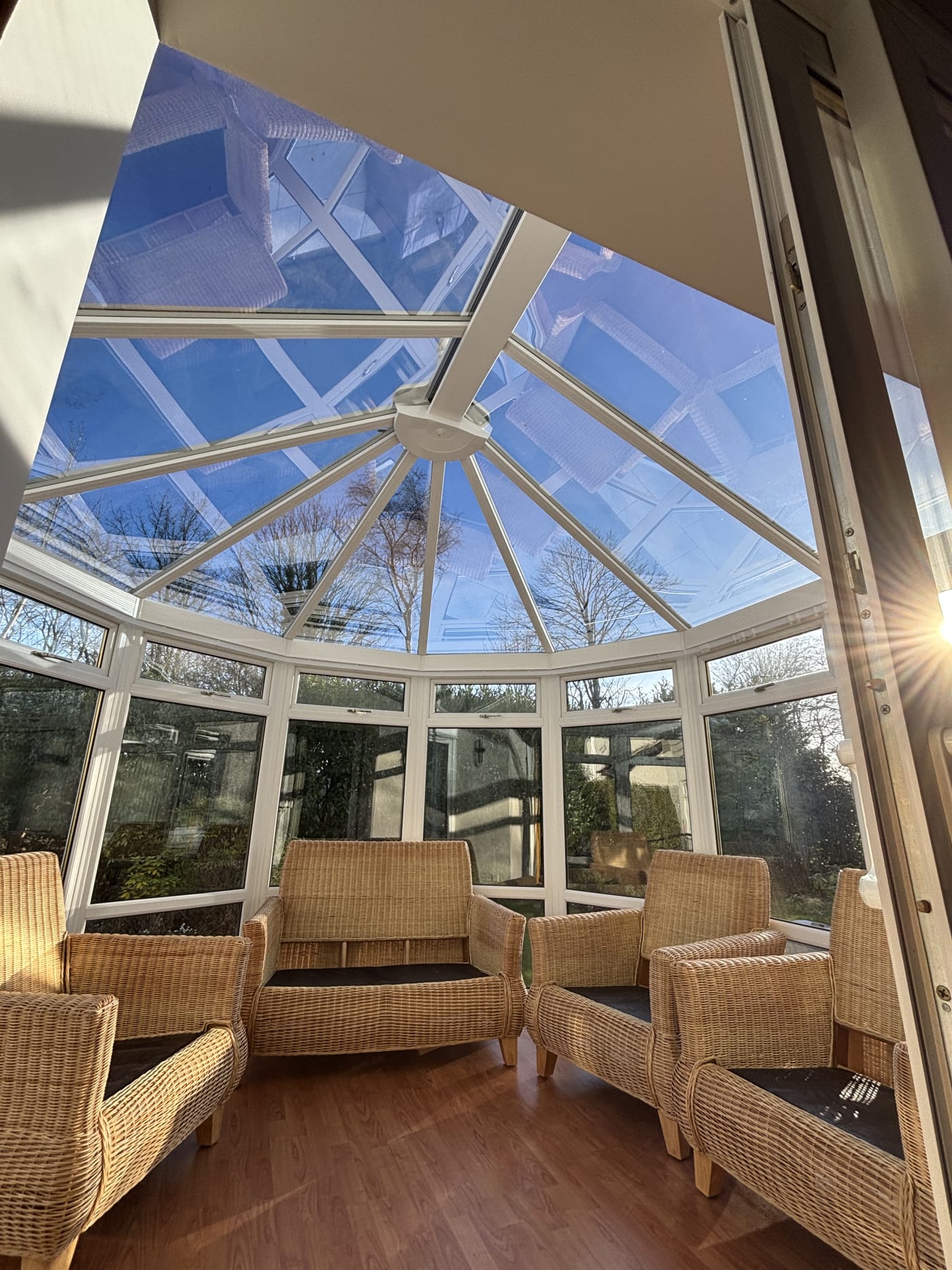 Finished conservatory window film viewed from inside the room
