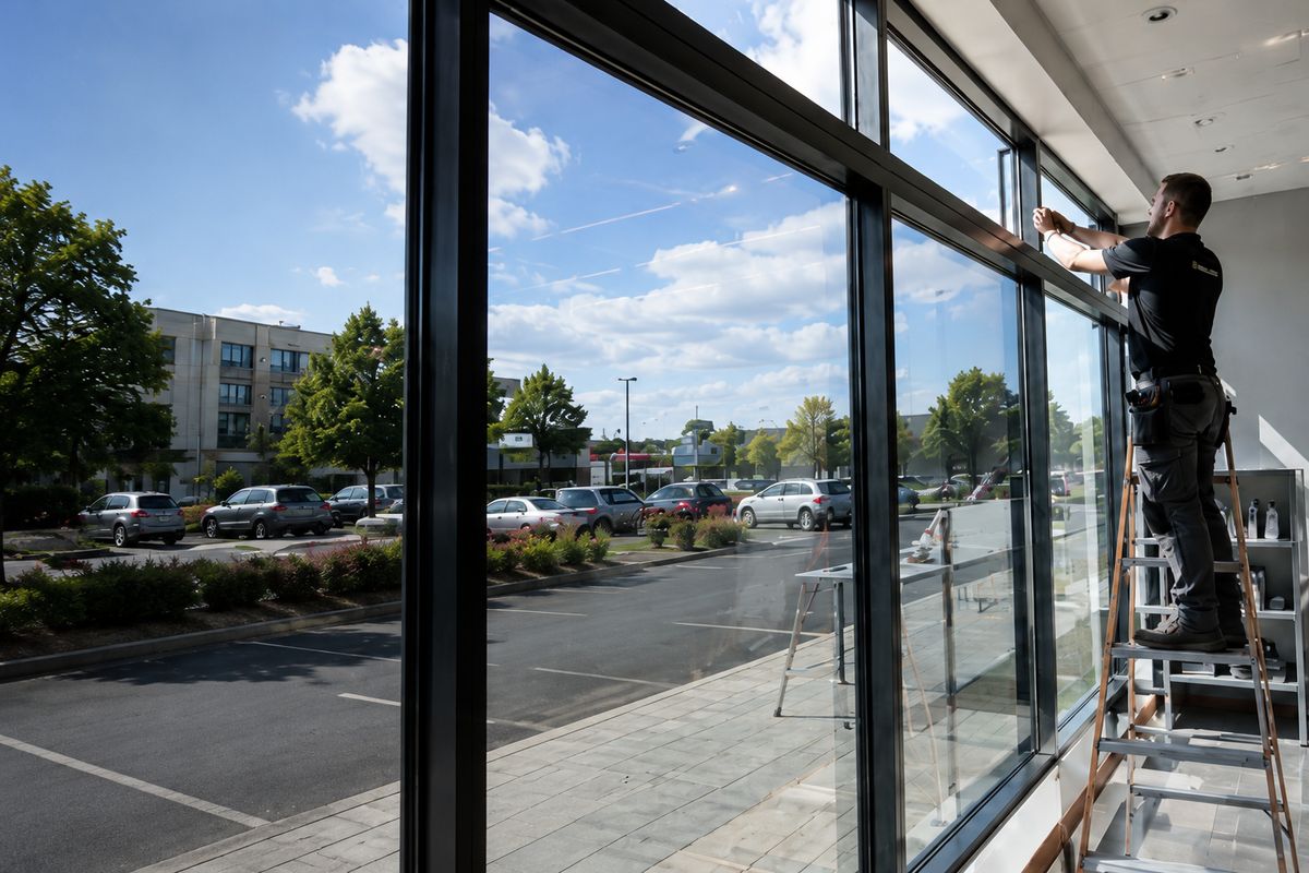 Window Tint Company installer fitting solar film on commercial office glazing